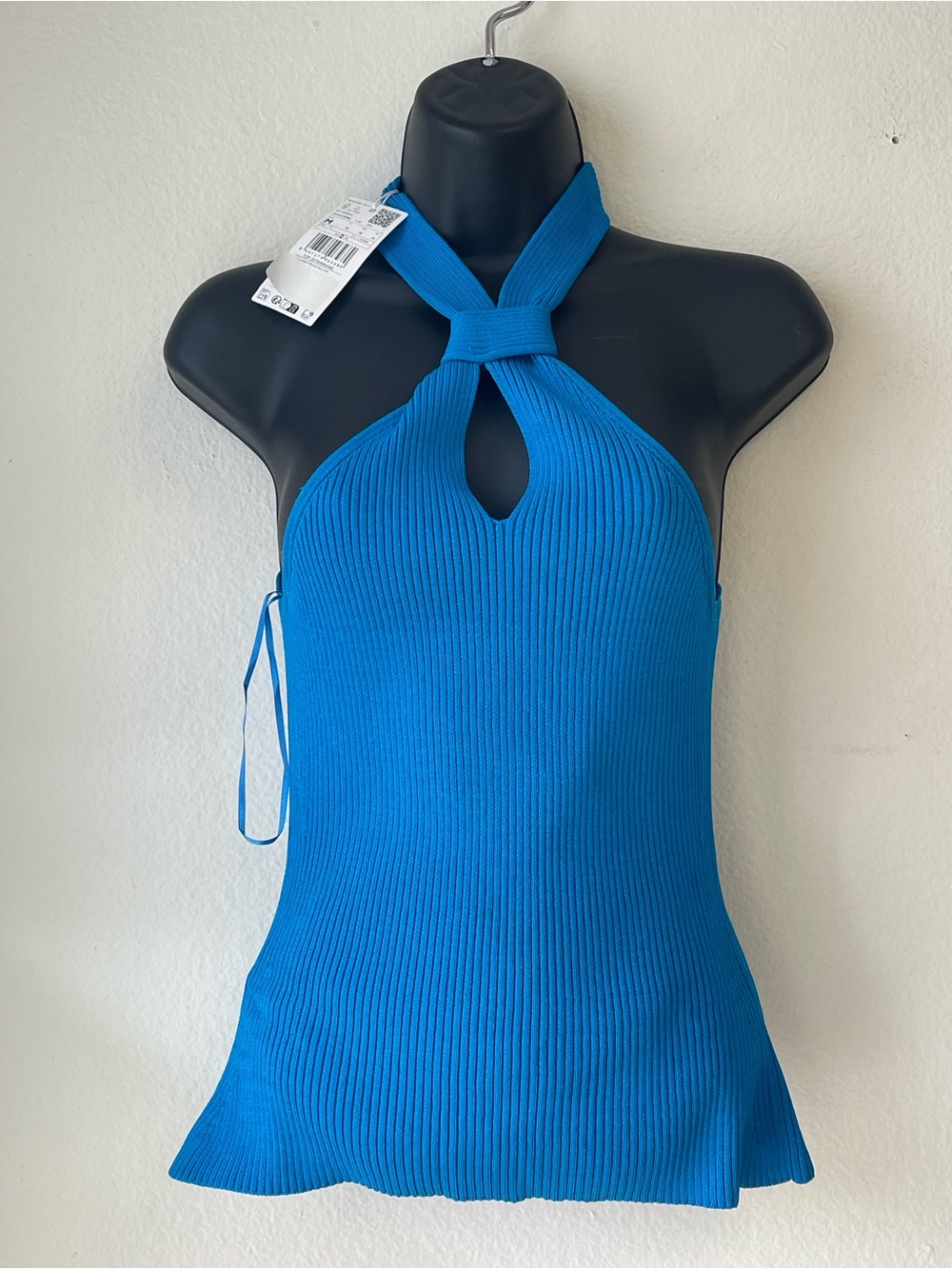 Mango Bright Blue Ribbed Halter Top with Knotted Neckline